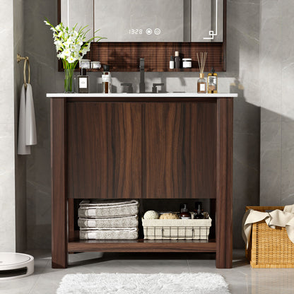 36" Modern Bathroom Vanity With Rectangle Ceramic Sink, Bathroom Cabinet And 45 Degrees Free Handle Design Soft Closing Doors, 1 Open Shelf At The Bottom - Dark Brown Noble House