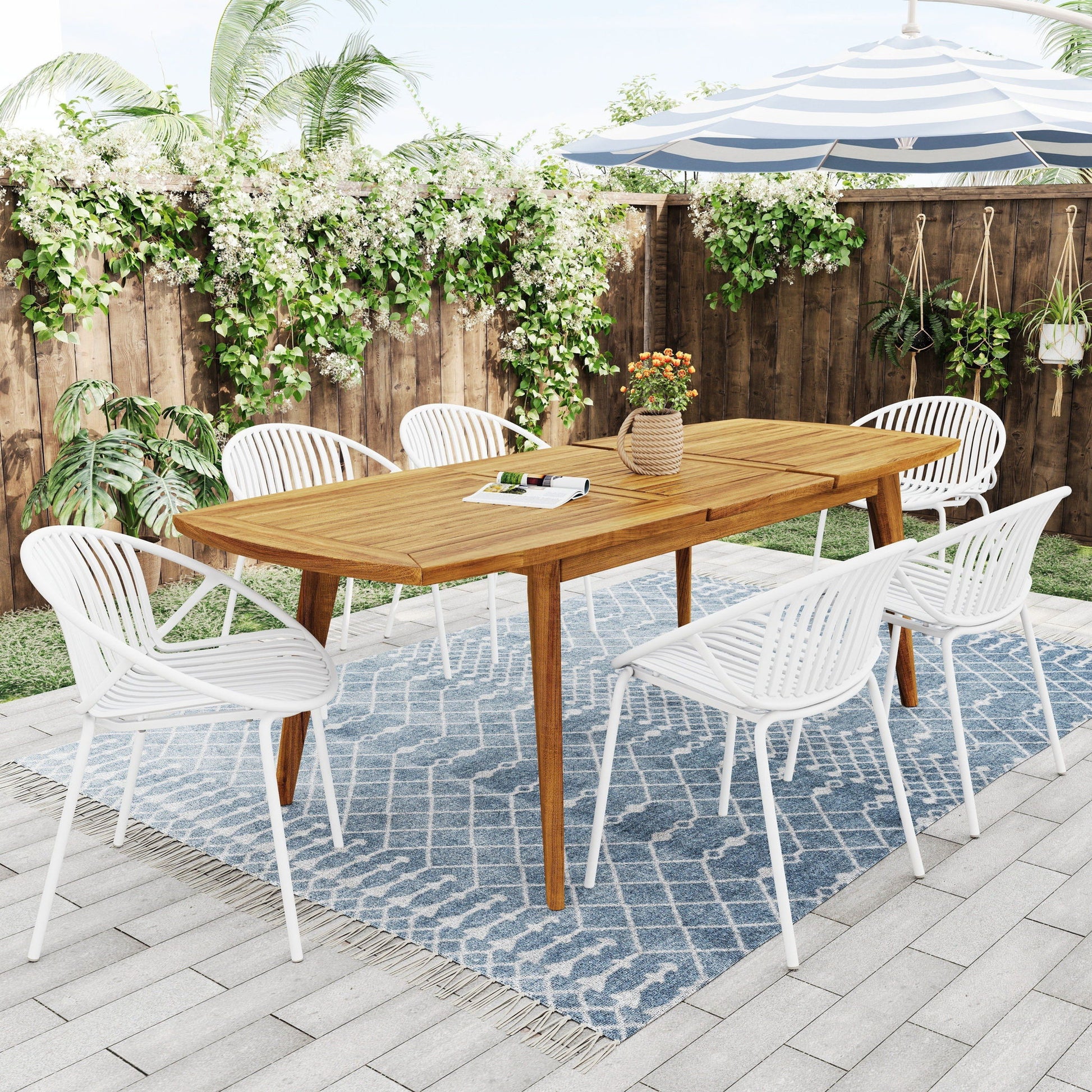 Modern Outdoor 7 Piece Expandable Dining Set With Stackable Chairs Noble House