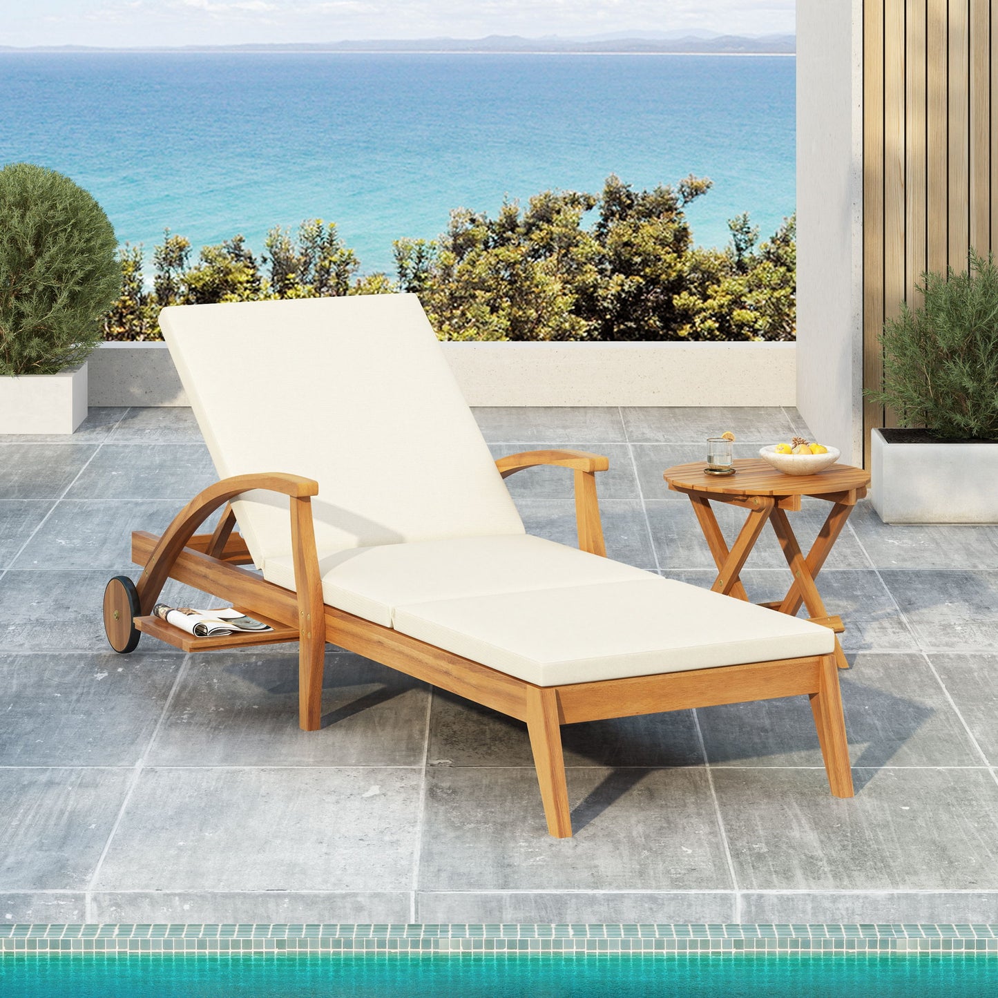 Versatile Chaise Lounge With Wheels Acacia Wood Recliner For Patio - Cream Noble House