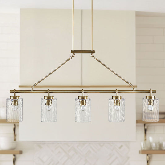 Curiana - 5-Light Linear Chandelier With Textured Glass Shades - Antique Brass INK+IVY