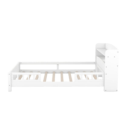 Wood Platform Bed With Built In LED Light, Storage Headboard And Guardrail Hearth and Haven