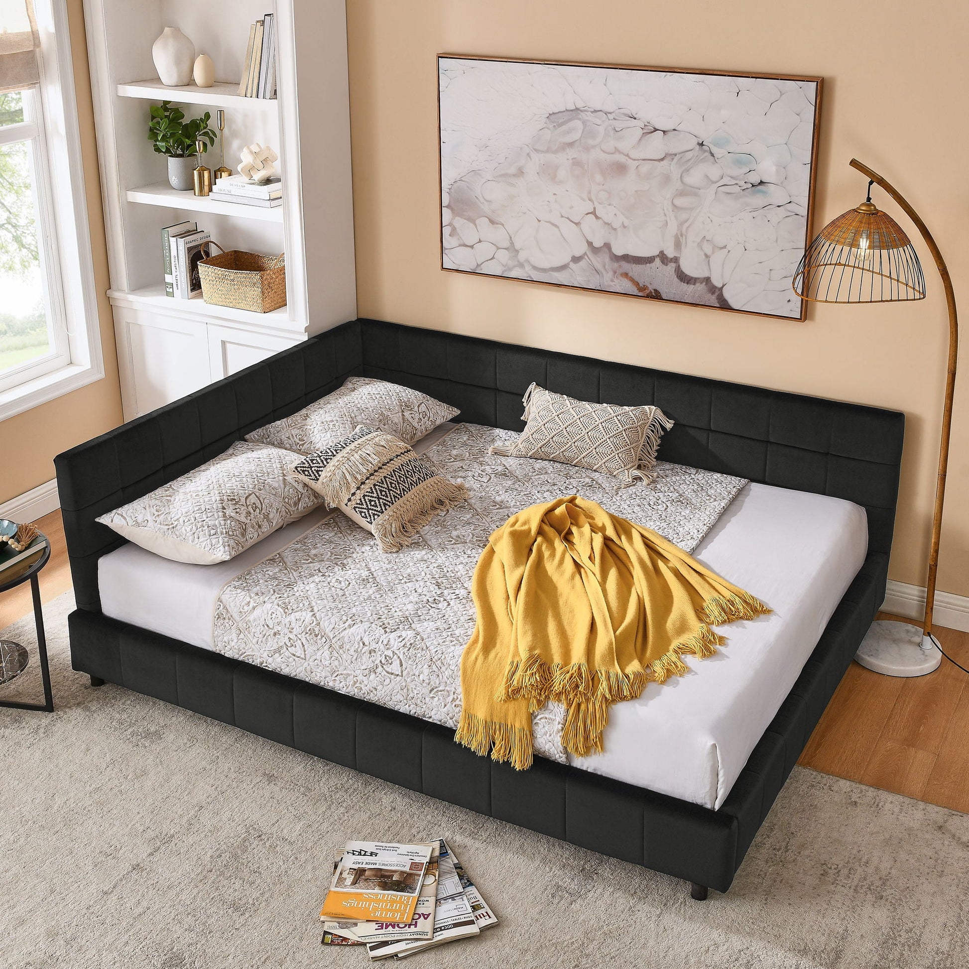 Mid-Century Storage Upholstered Tufted Bed Frame With Backrest And Armrests Home Essentials