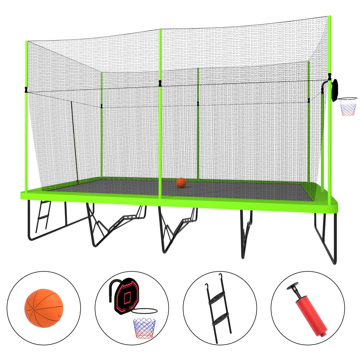 10Ft By 17Ft Rectangule Trampoline With Powder-Coated Galvanized Steel Tubes With Basketball Hoop System Advanced Ladder - Green