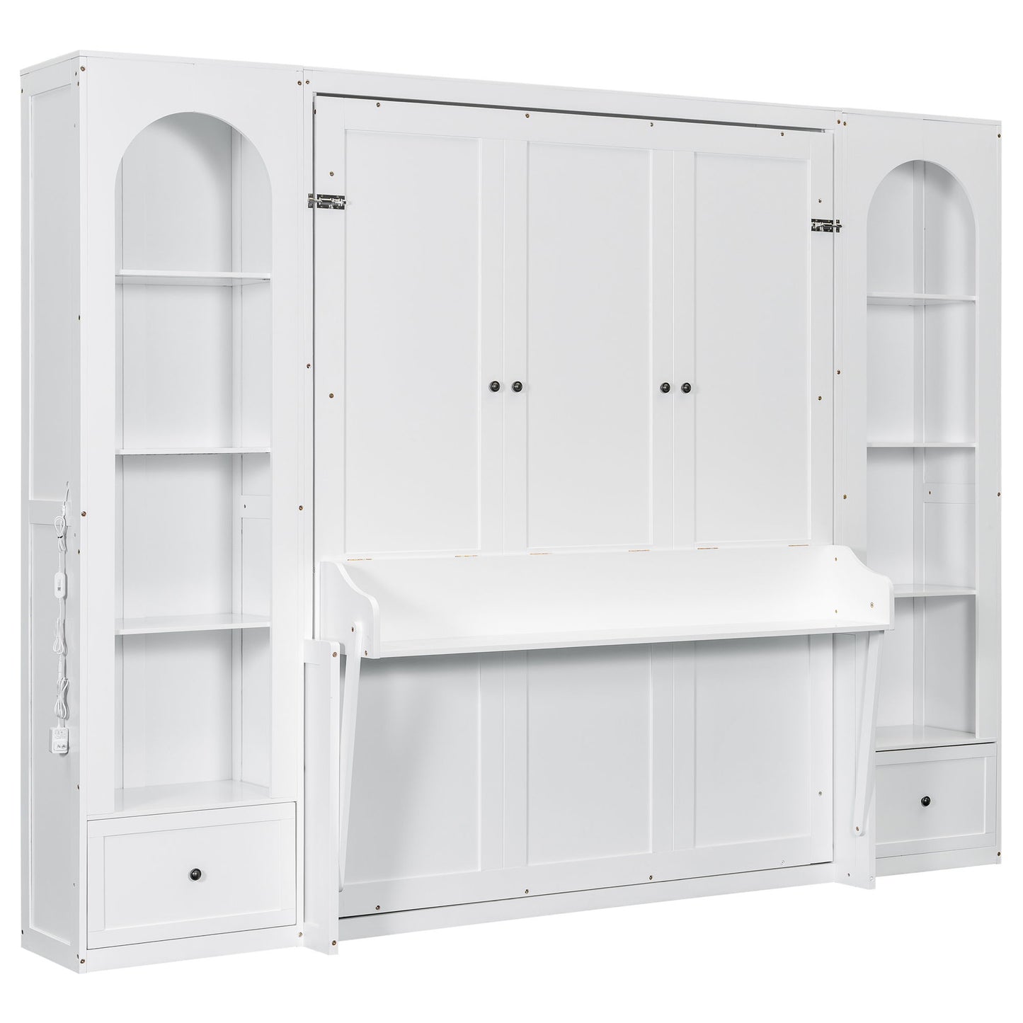 French Style Murphy Platform Bed With Shelf, Side Cabinets, Drawers And LED Hearth and Haven