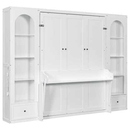 French Style Murphy Platform Bed With Shelf, Side Cabinets, Drawers And LED Hearth and Haven