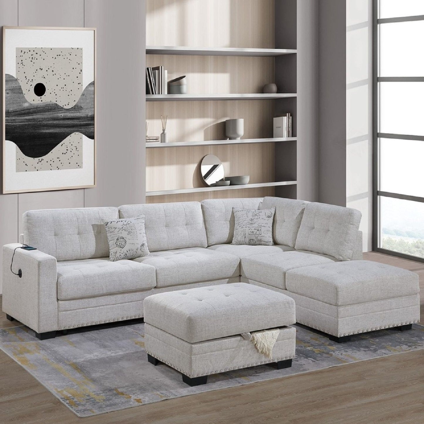 L - Shaped Sectional Sofa Set With Storage Ottoman, Tufted Upholstery Nailhead Trim Home Essentials