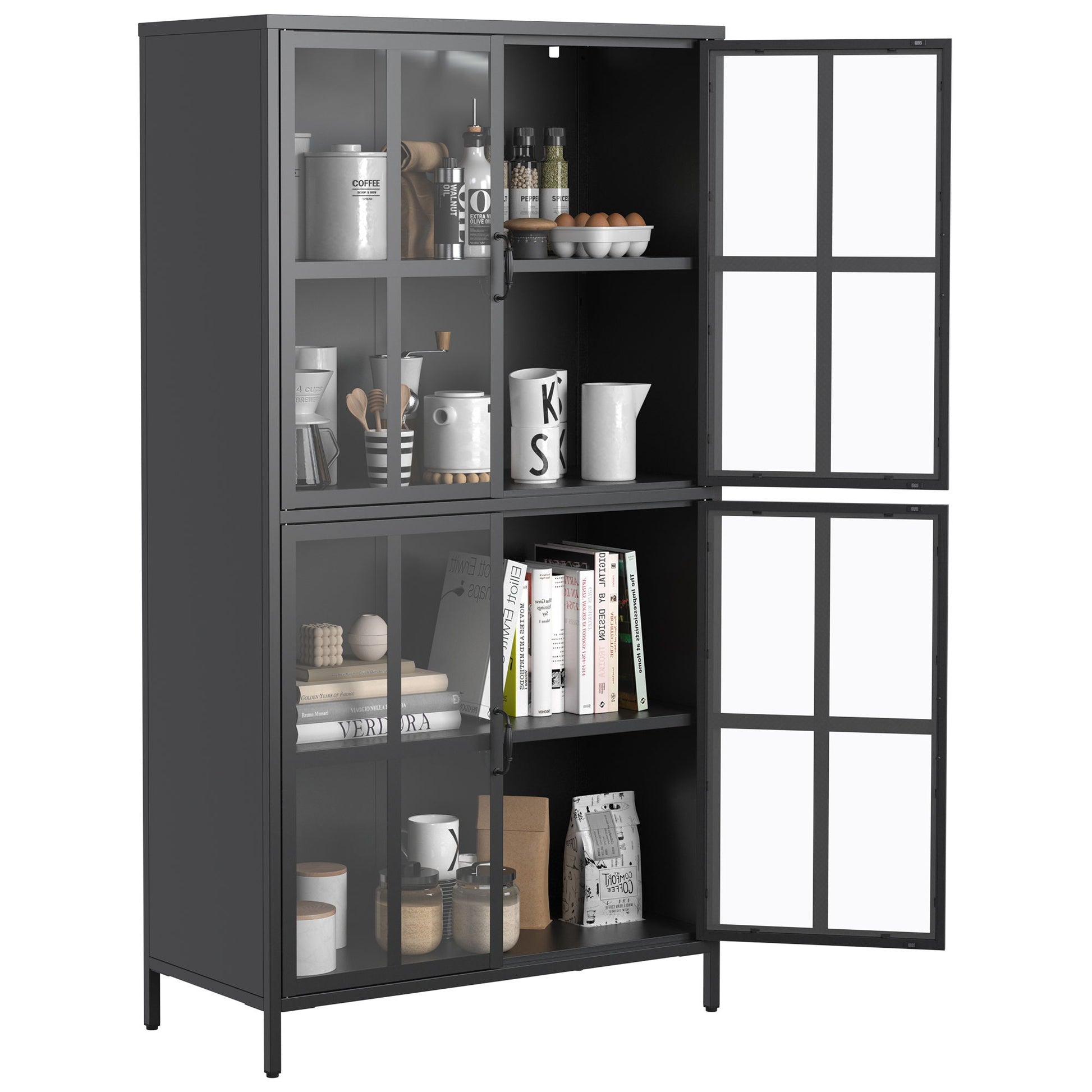 Premium Metal Storage Cabinet With Tempered Glass Doors, Adjustable Shelves, And Anti Tipping Device - Black Home Essentials