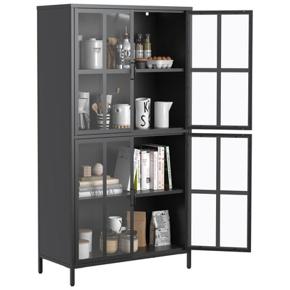 Premium Metal Storage Cabinet With Tempered Glass Doors, Adjustable Shelves, And Anti Tipping Device - Black Home Essentials