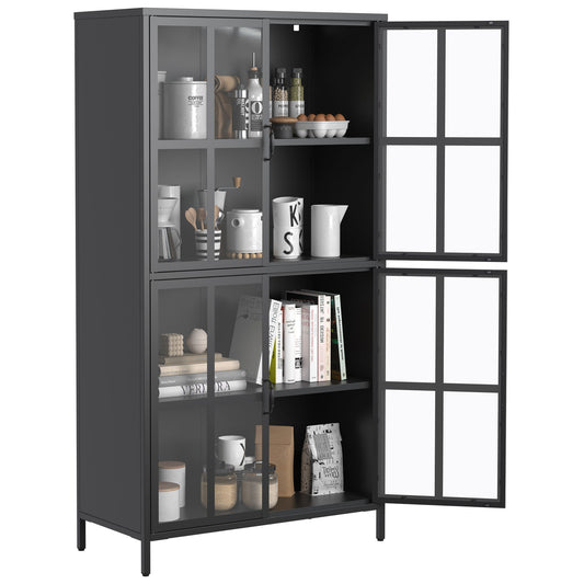 Premium Metal Storage Cabinet With Tempered Glass Doors, Adjustable Shelves, And Anti Tipping Device - Black Home Essentials