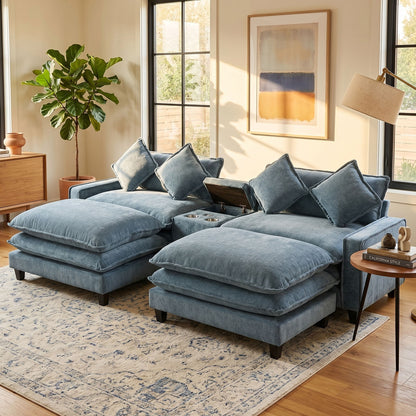 Modern Sectional Sofa With Removable Ottomans, USB Ports Hearth and Haven