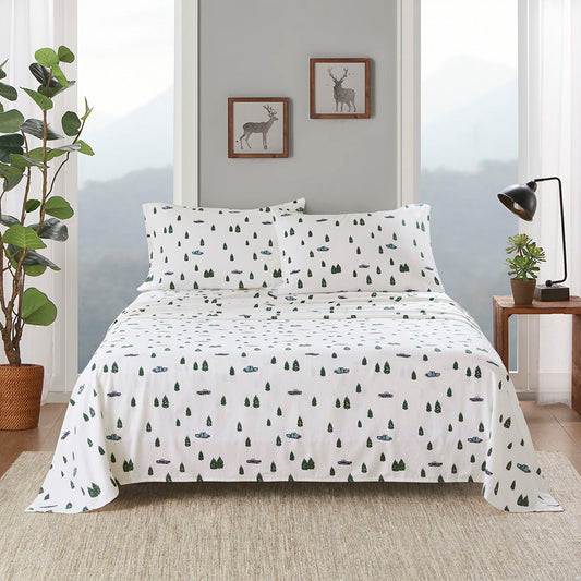 Flannel - 4 Piece Queen Sheet Set - Green Trees & Trucks Woolrich