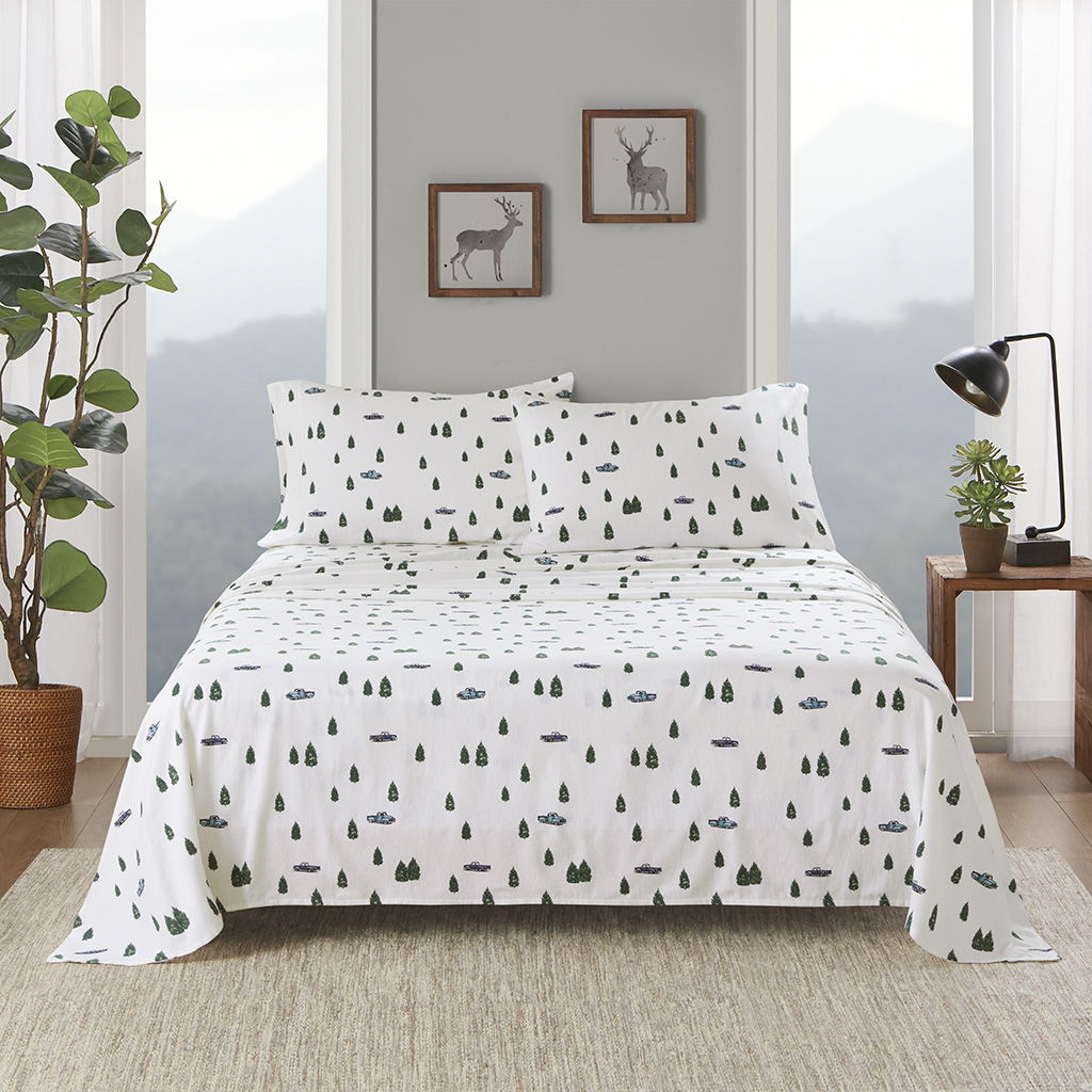 Flannel - 4 Piece California King Sheet Set - Green Trees & Trucks Woolrich
