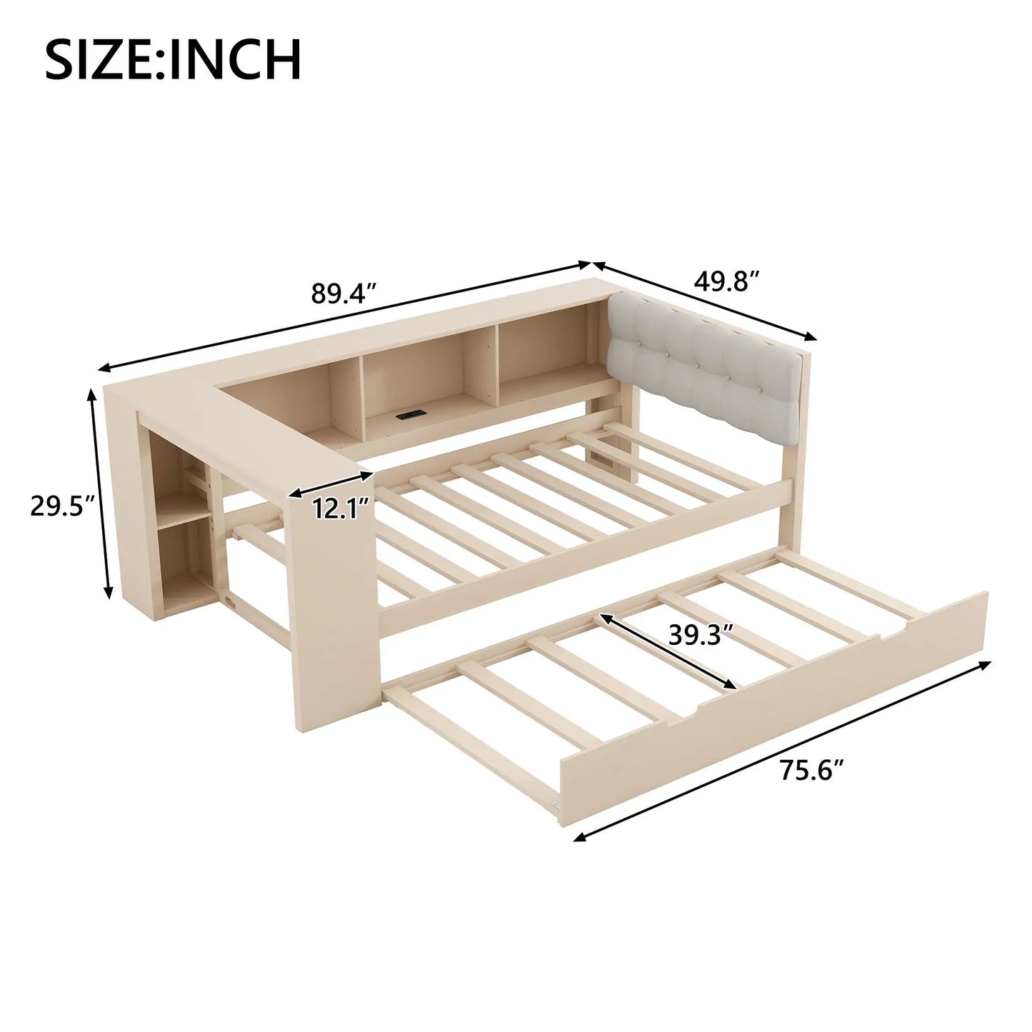 Upholstered Headboard Platform Bed With Storage Shelves, Trundle, Charging Station Hearth and Haven