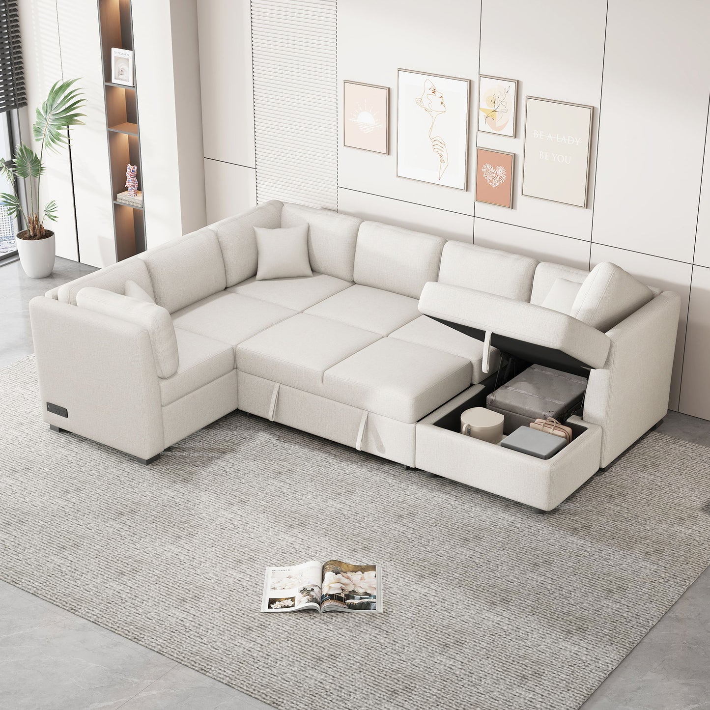 U-Shaped Sectional Sofa Pull Out Sofa Bed With Two USB Ports, Two Power Sockets, Three Back Pillows And A Storage Chaise For Living Room Hearth and Haven