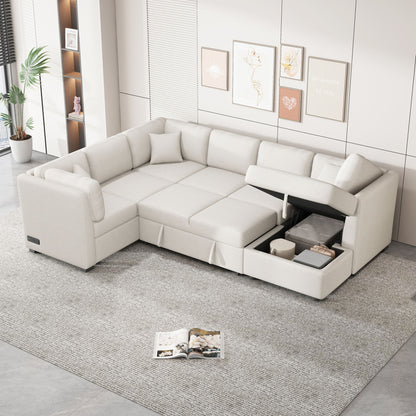 U-Shaped Sectional Sofa Pull Out Sofa Bed With Two USB Ports, Two Power Sockets, Three Back Pillows And A Storage Chaise For Living Room Hearth and Haven
