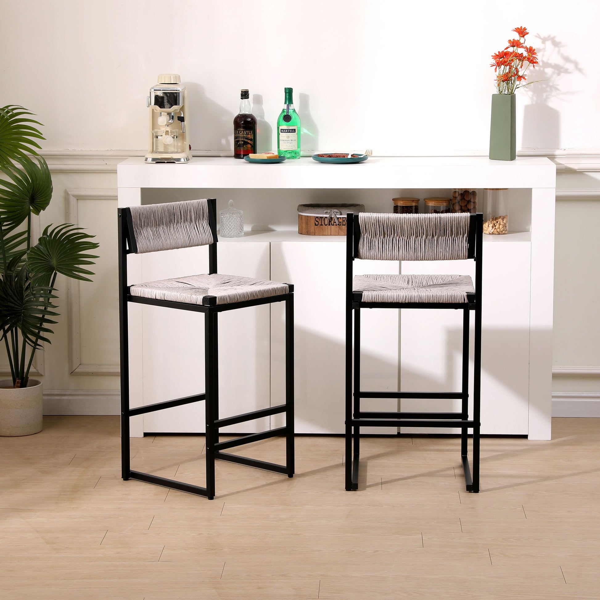Bar Stools Paper Rope Weave Dining Chairs With Back Hand Weave Stools For Kichen Island, Bar & Counter (Set of 2) Home Essentials