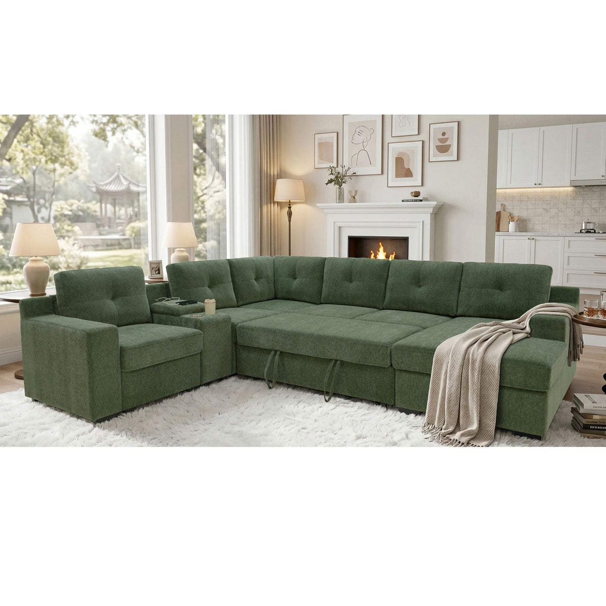 U - Shape Sectional Pull Out Bed With Console, Storage, And USB Charging Home Essentials