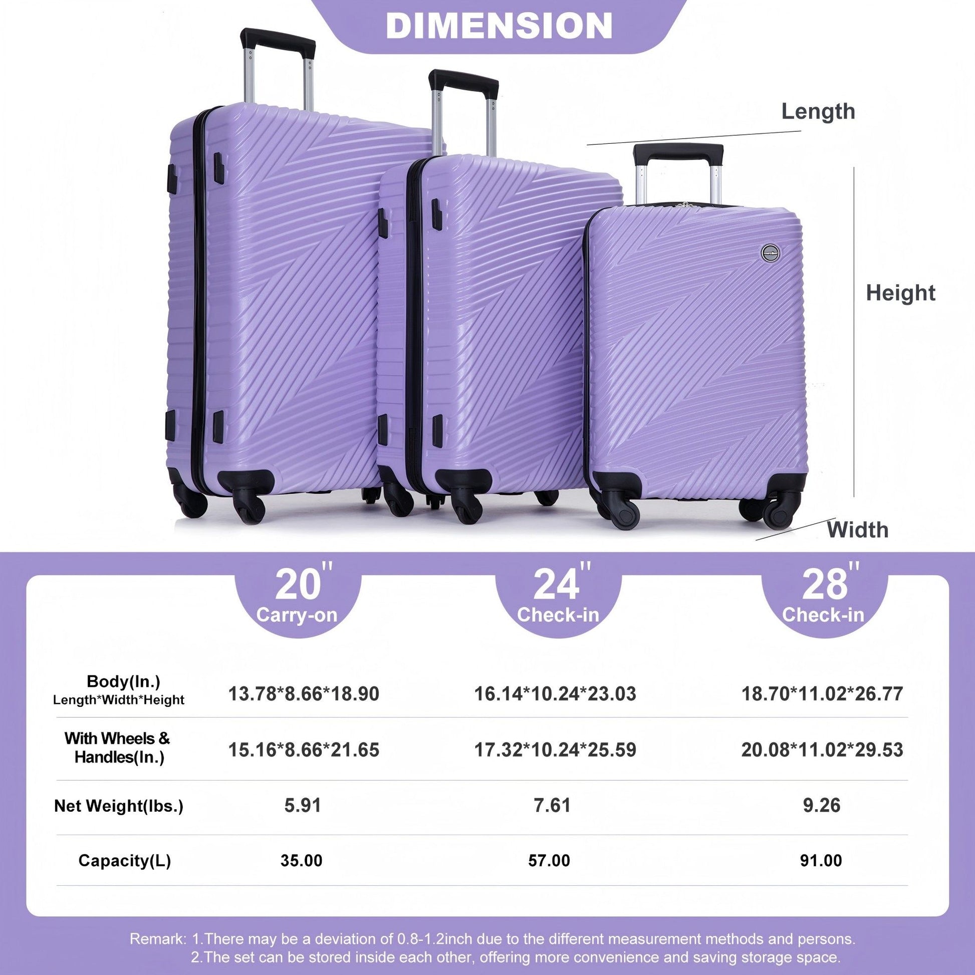 3 Piece Luggage Sets Lightweight Suitcase With Two Hooks, Spinner Wheels, Daily Nest