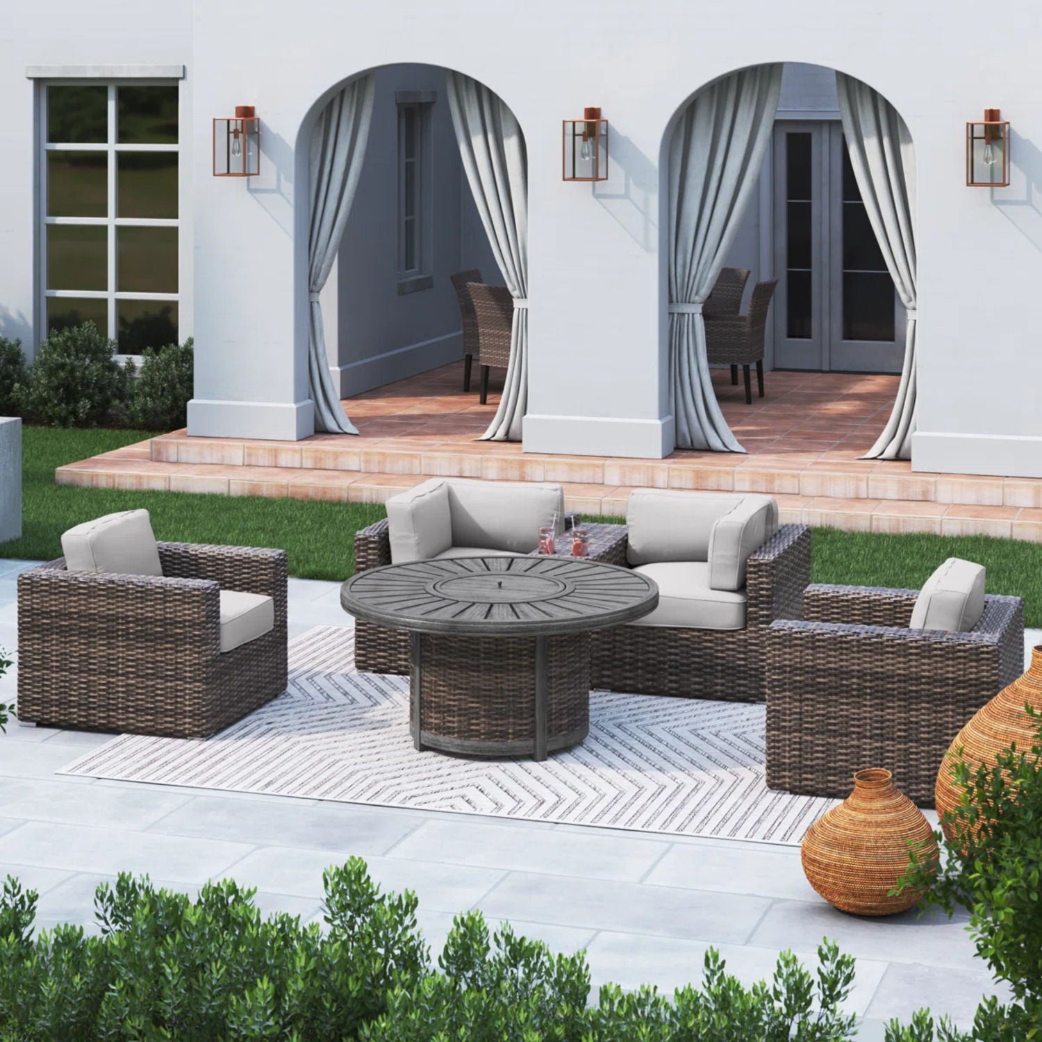 Patio Seating Group For 4 With Cushions And Fire Pit Table - Brown LSI Patio Furniture