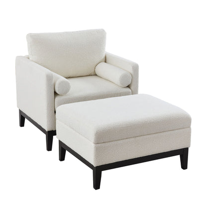 Farmhouse Upholstered Accent Chair With Ottoman, Reversible Lid Coffee Table Home Essentials