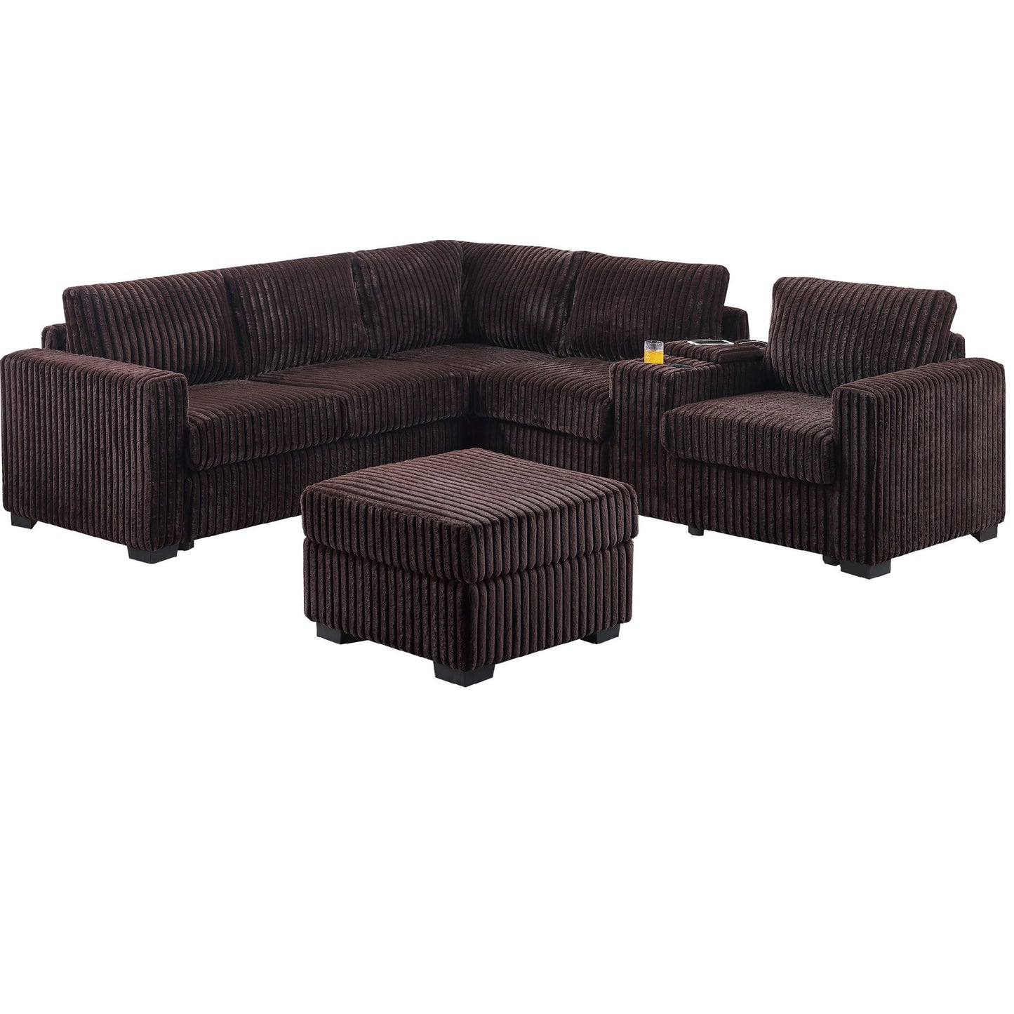 Contemporary L-Shaped Sectional Set With USB Console & Ottoman Home Essentials