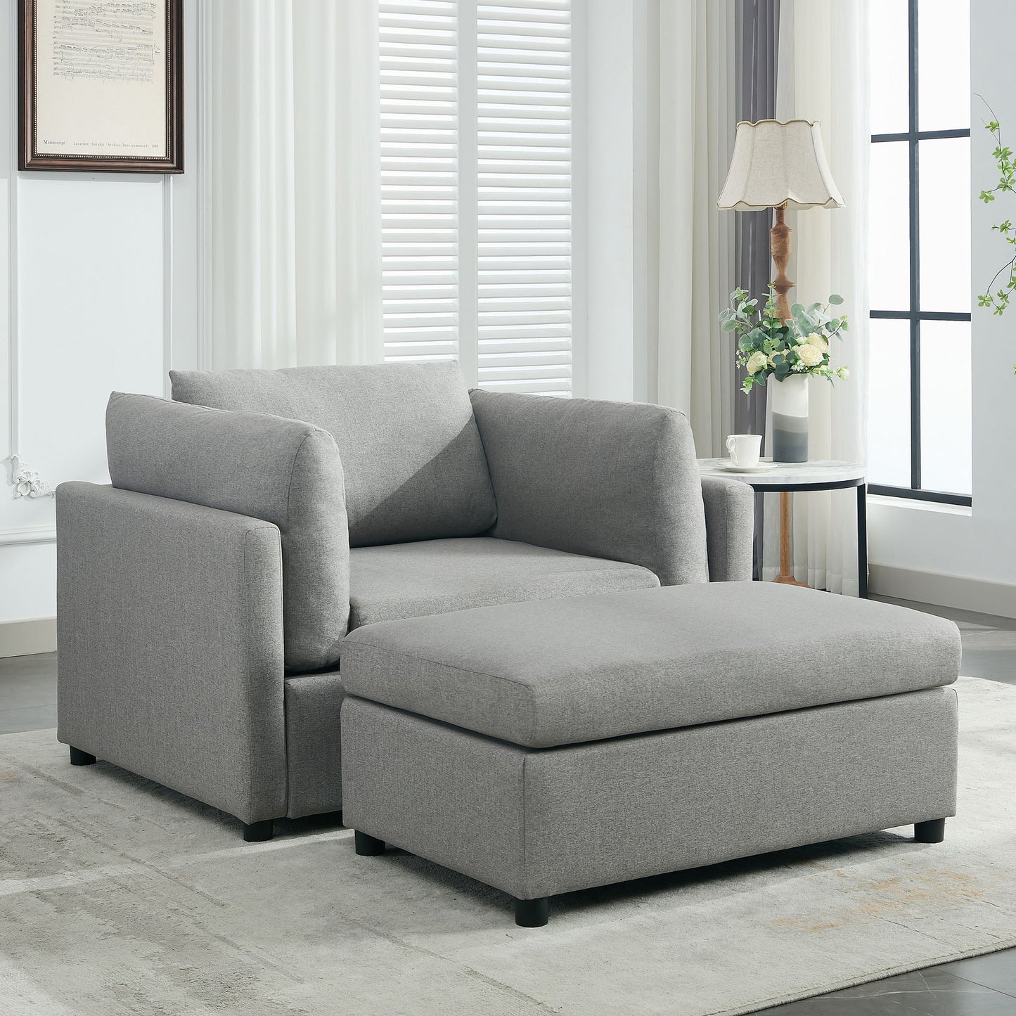 Wide Modern Oversized Armchair With Ottoman Stool, Single Sofa With Lumbar Support, Accent Chair