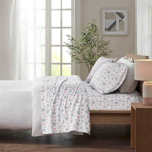 Twin Long Cozy Sheet Set - Pink / Gray Snowflakes