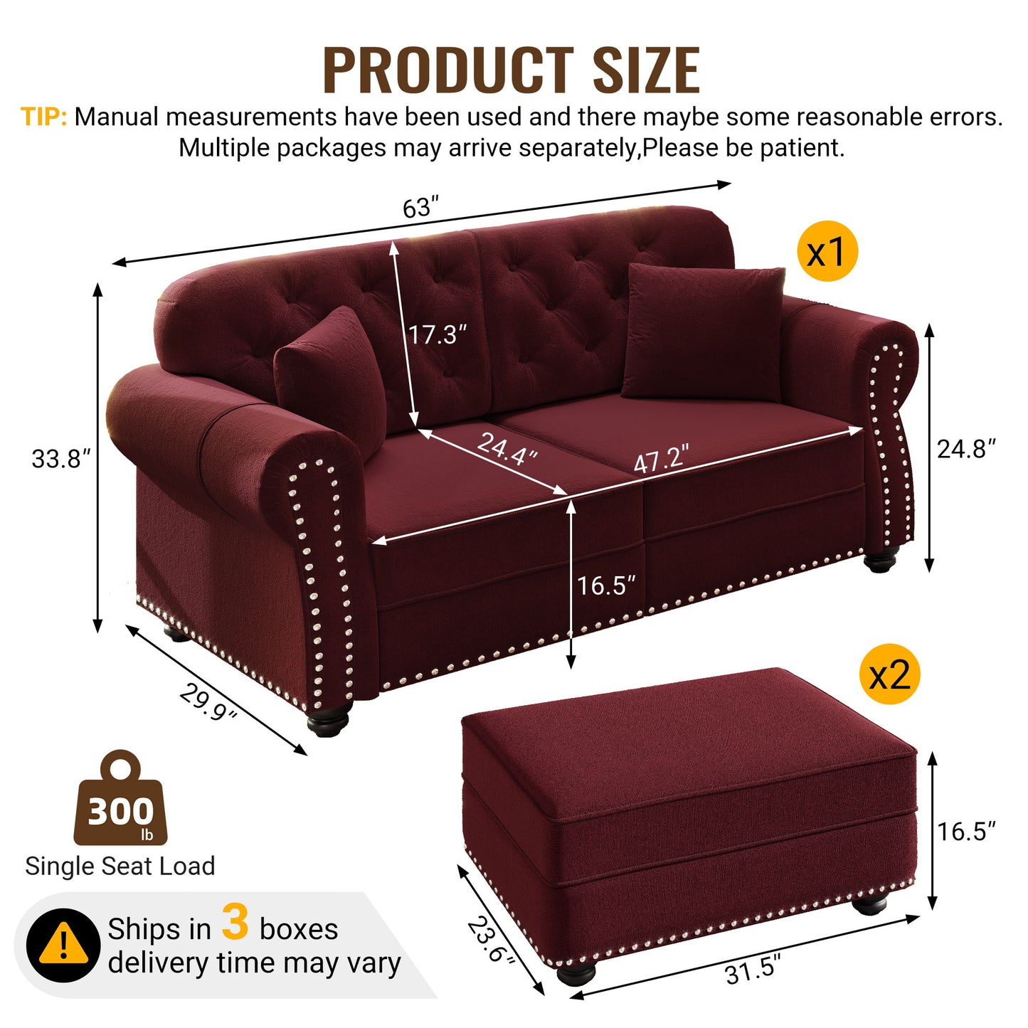 Upholstered Sofa Set With Nailhead Trim And Rolled Armrests, Includes Pillows Home Essentials