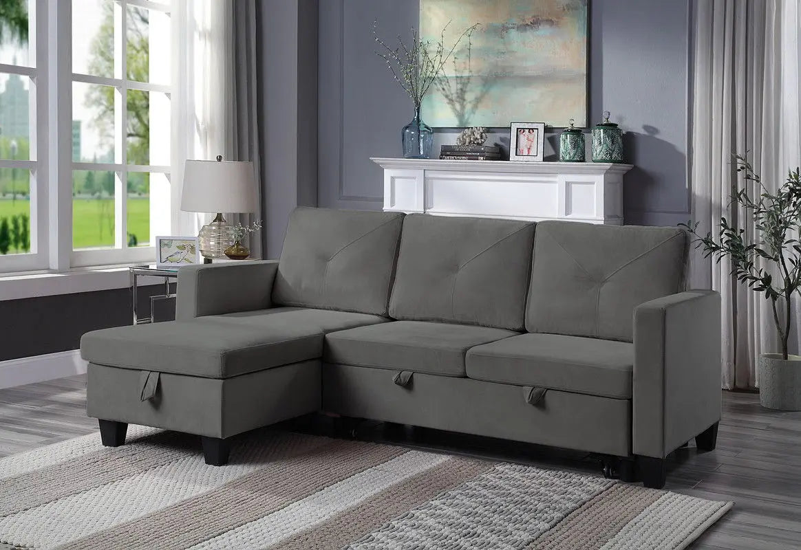Nova - Velvet Reversible Sleeper Sectional Sofa With Storage Chaise Lilola Home