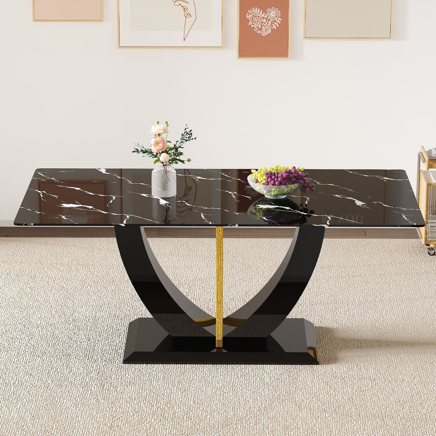 Modern Minimalist Luxurious Imitation Marble Dining Table Rectangular Office Desk With Tempered Glass - Black Home Essentials