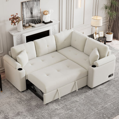 L-Shape Sofa Bed Pull-Out Sleeper Sofa With Wheels, USB Ports, Power Sockets For Living Room