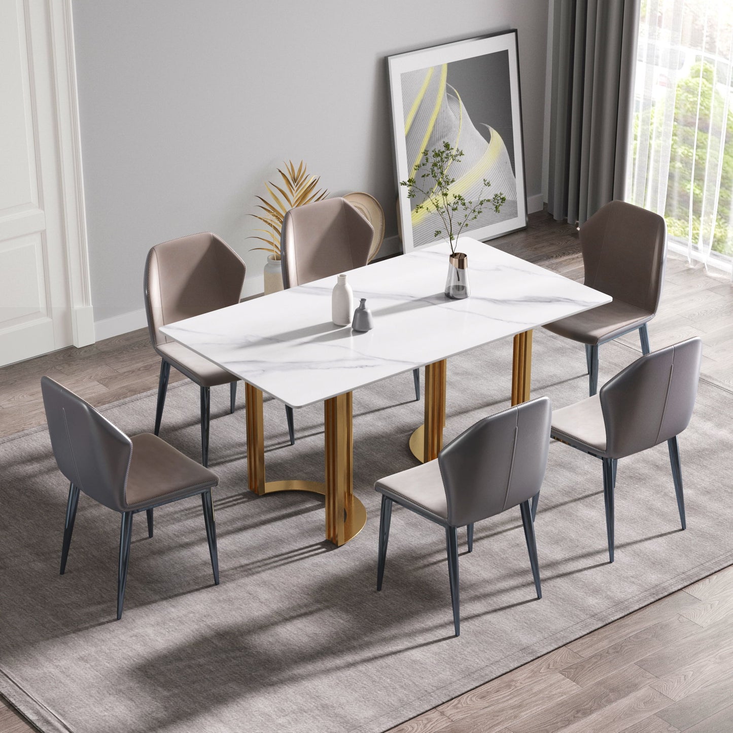 63" Modern Artificial Stone Straight Edge Metal Leg Dining Table, 6 People - White / Gold