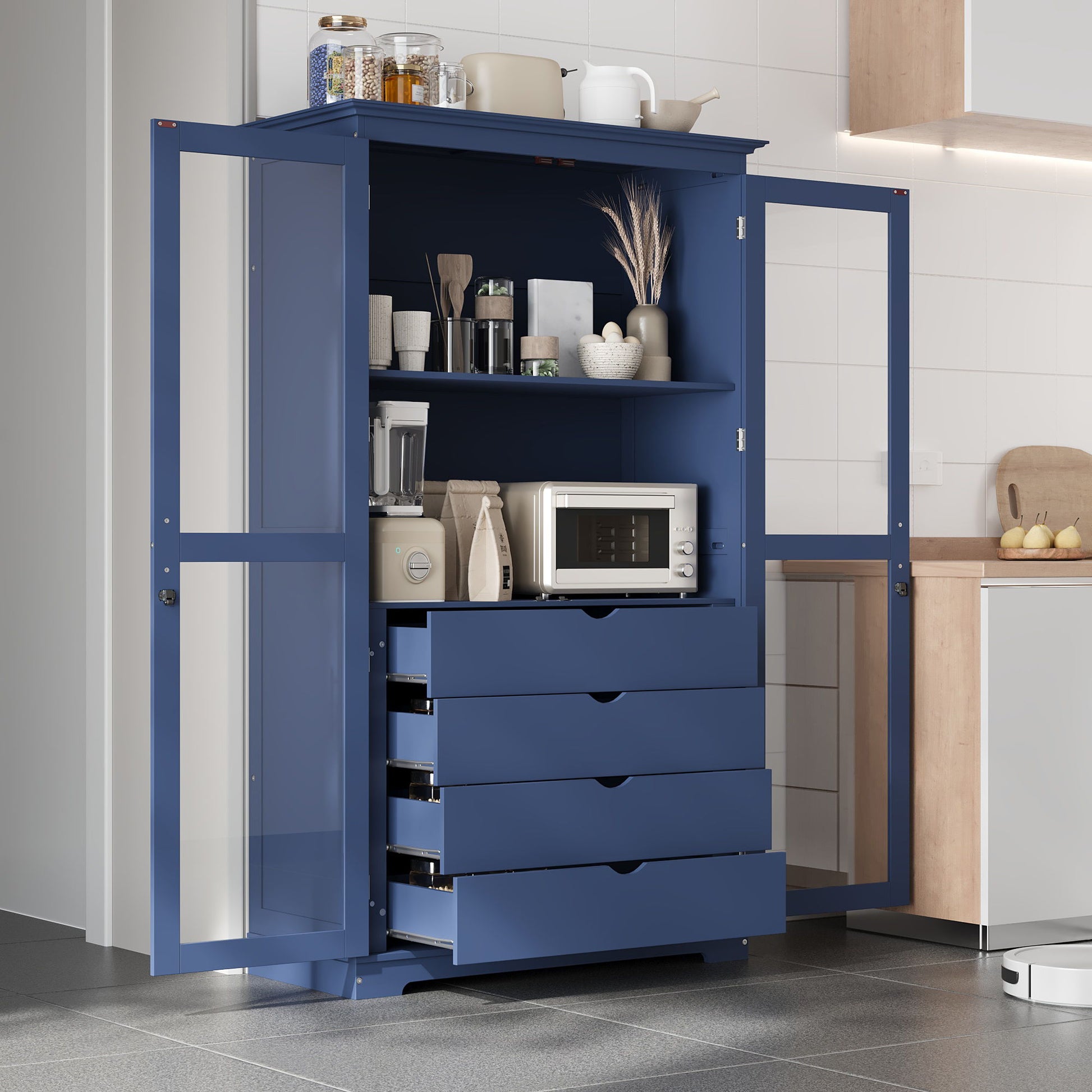 Kitchen Pantry, Freestanding Kitchen Storage Cabinet Display Cabinet With Glass Doors And 4 Built In Drawers For Living Room, Home Office - Blue Hearth and Haven