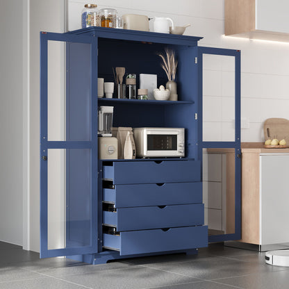 Kitchen Pantry, Freestanding Kitchen Storage Cabinet Display Cabinet With Glass Doors And 4 Built In Drawers For Living Room, Home Office - Blue Hearth and Haven