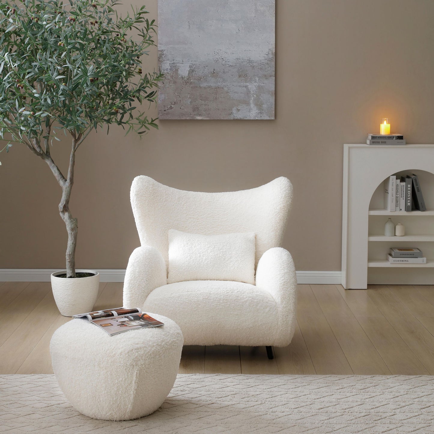 Wingback Armchair & Ottoman Combo For Living Room - White Home Essentials
