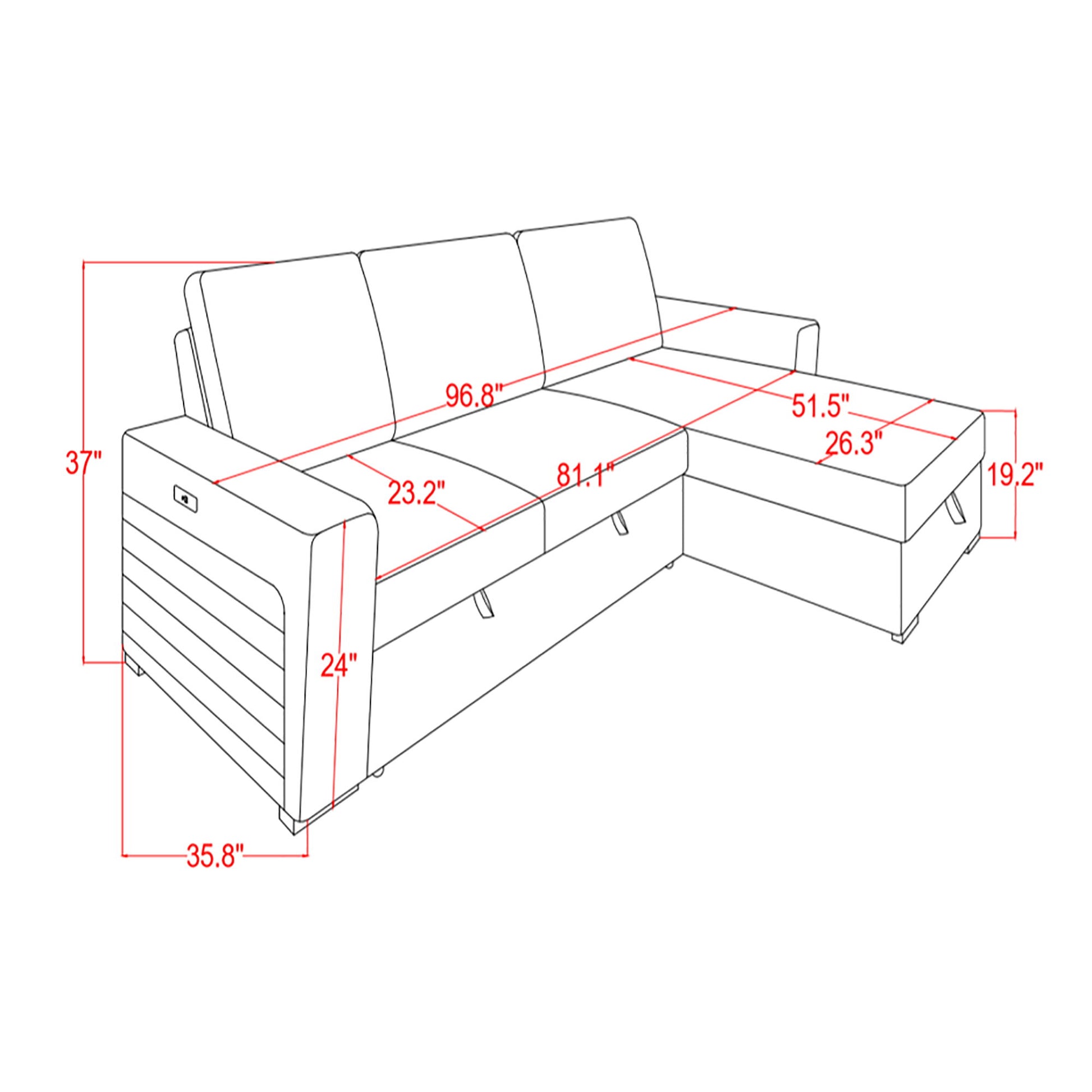 Montero - Sofa With Pull Out Bed, Drop Down Table, USB And Cup Holders, Storage Chaise - Charcoal Black Global Furniture USA