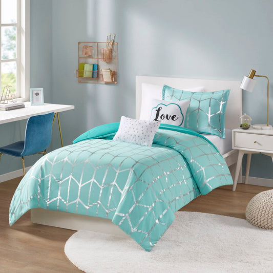 Raina - Twin Metallic Printed Comforter Set - Aqua / Silver Intelligent Design