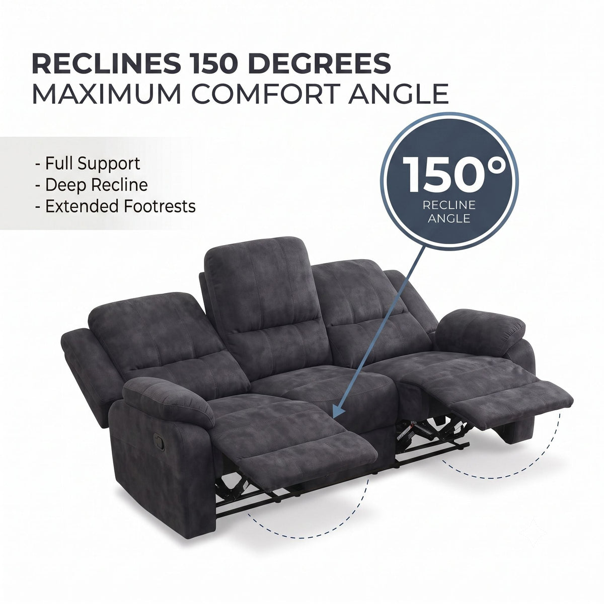3 Seater Manual Recliner Sofa With 150° Recline, 2 Adjustable Side Seats, Extended Footrest, Oversized Seating For Living Room - Dark Gray Home Essentials