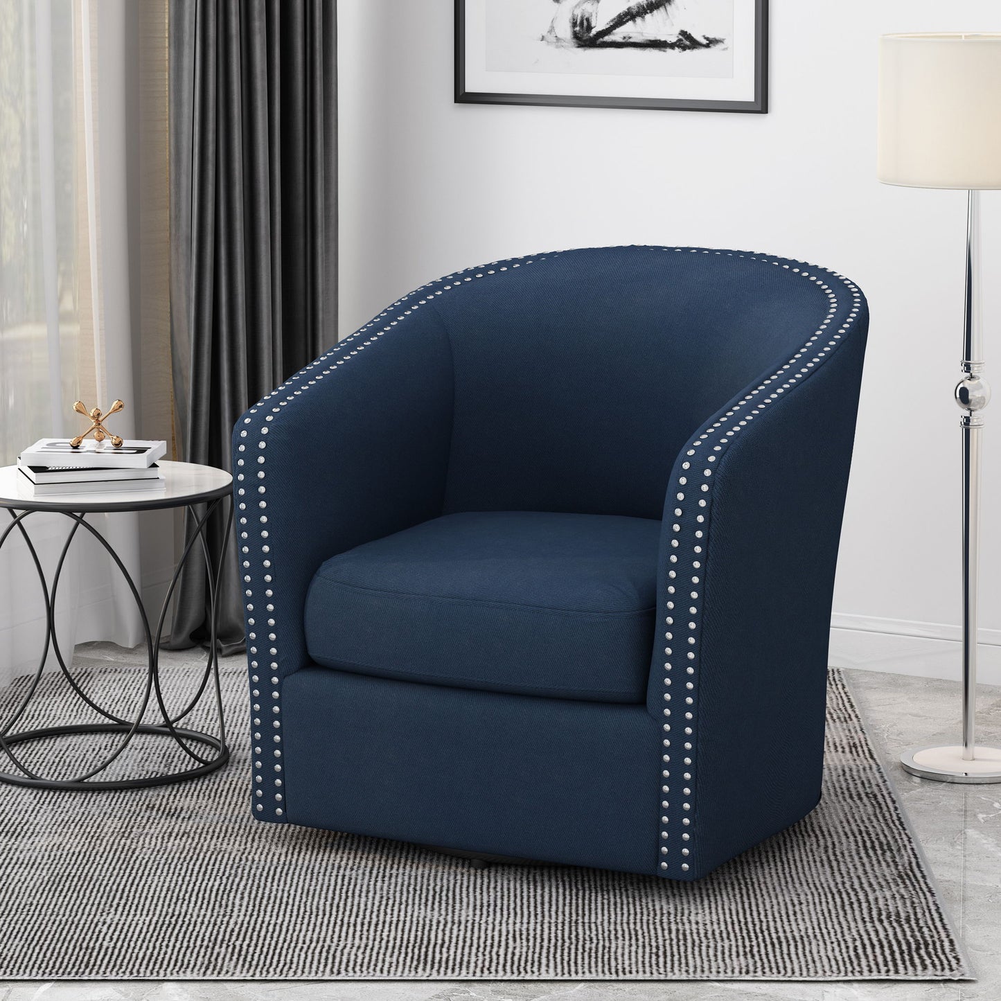 Modern Upholstered Swivel Club Chair With Nailhead Trim Noble House