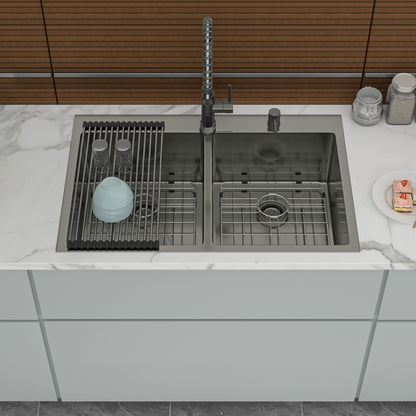 Double Bowl Drop In Kitchen Sink 33" X 22" With 16 Gauge Stainless Steel And 2 10" Deep Basins - Gunmetal Black Daily Nest