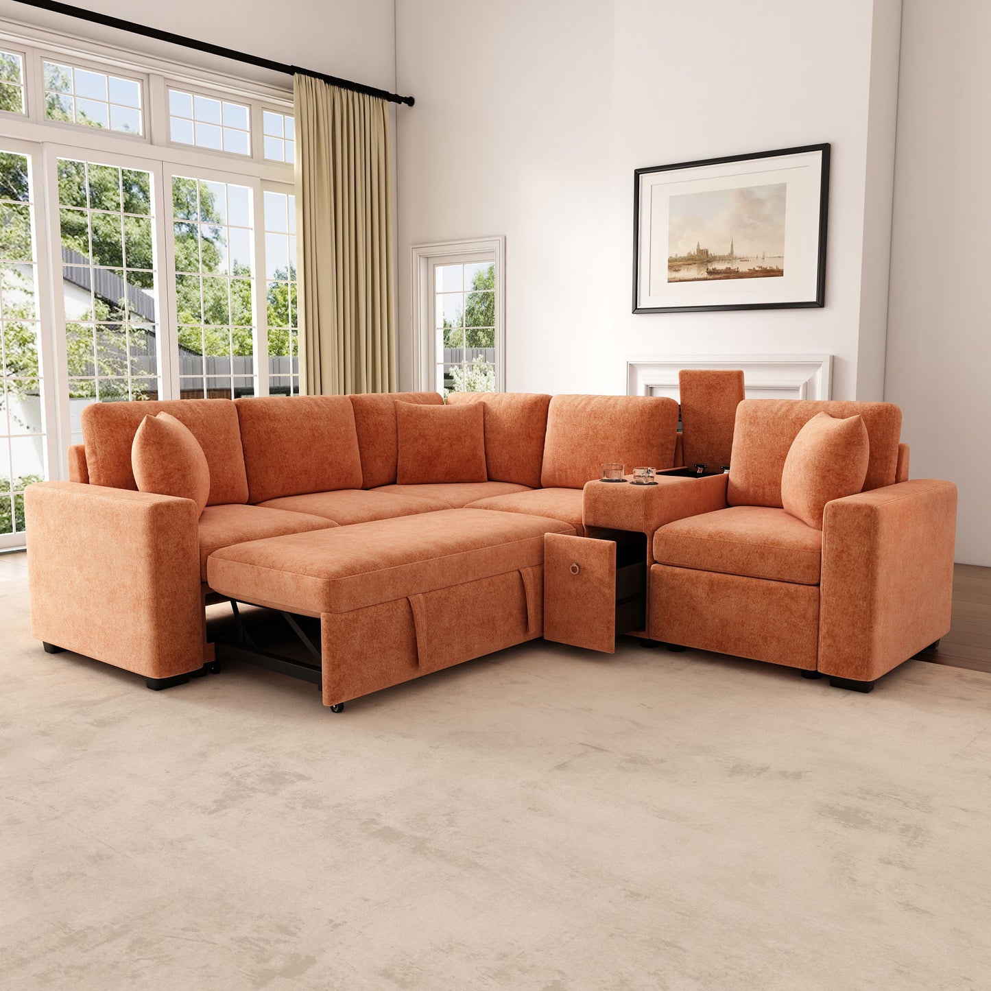 Modular L-Shaped Sectional Sofa Bed With Pull-Out Sleeper, Cup Holders, And Storage Hearth and Haven
