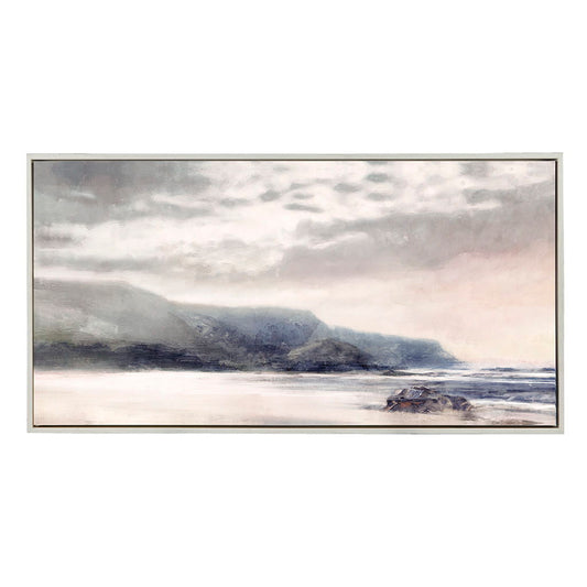 Moody Coast - Hand Embellished Landscape Framed Canvas Wall Art - Blue / Pink