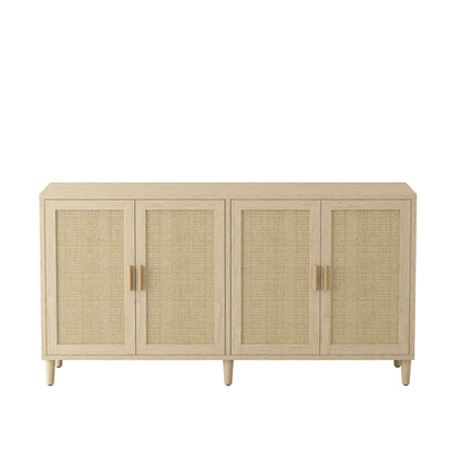 Rattan Buffet Cabinet With Storage, 4 Door Sideboard, Adjustable Shelves - Natural Home Essentials