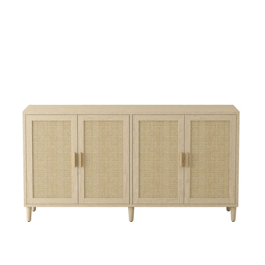 Rattan Buffet Cabinet With Storage, 4 Door Sideboard, Adjustable Shelves - Natural Home Essentials