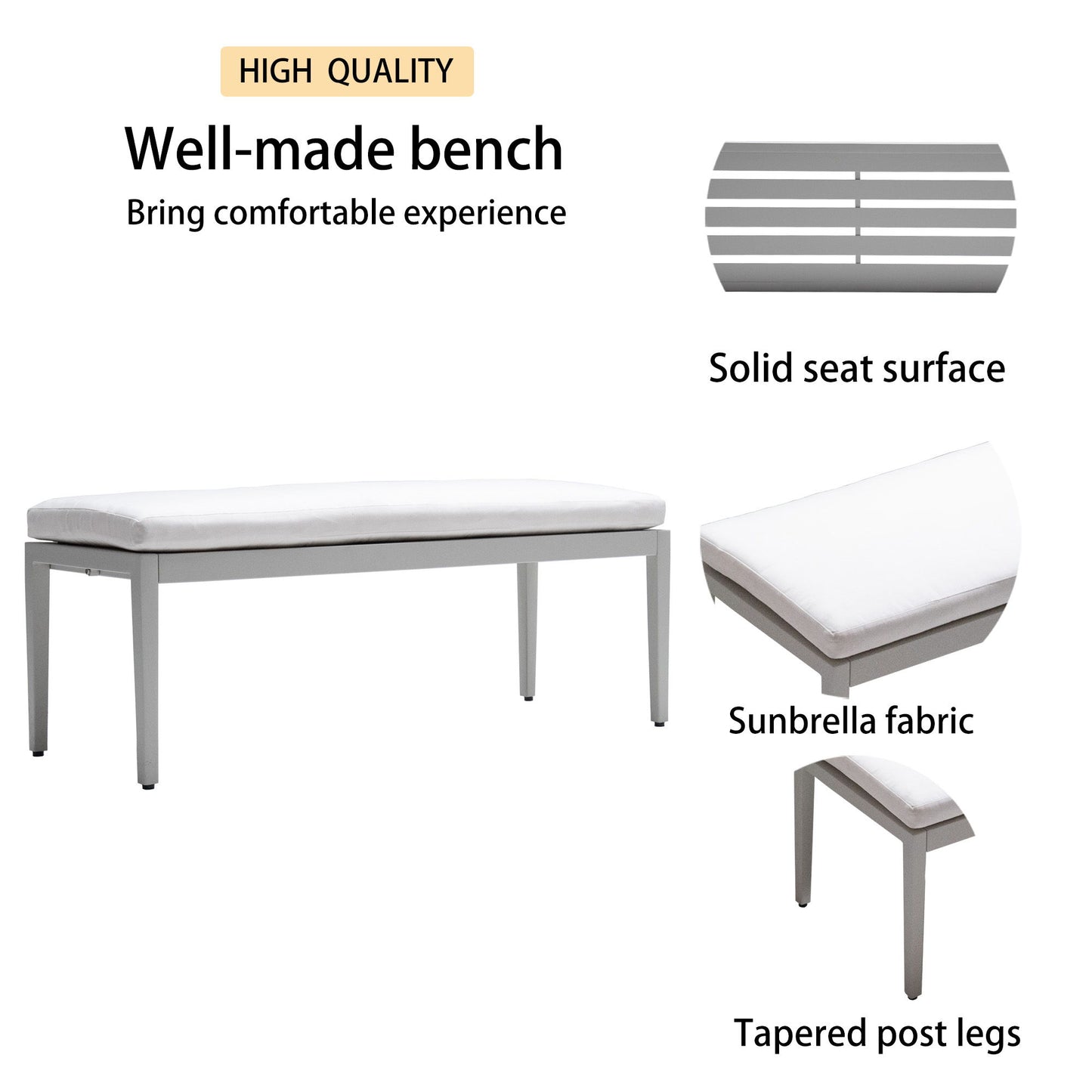 Outdoor Patio Aluminum Stationary Bench With Sunbrella Fabric Cushion - Grayish