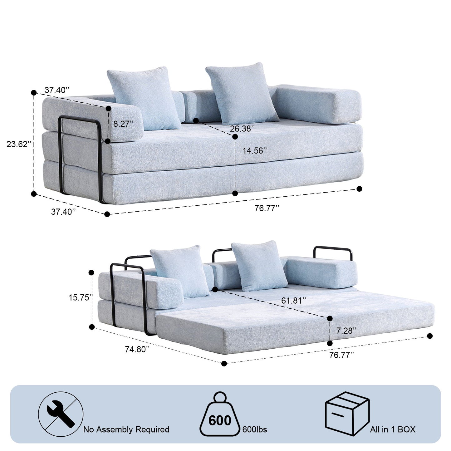 Convertible Floor Sofa Bed With Pillow Back Support Armrest Home Essentials