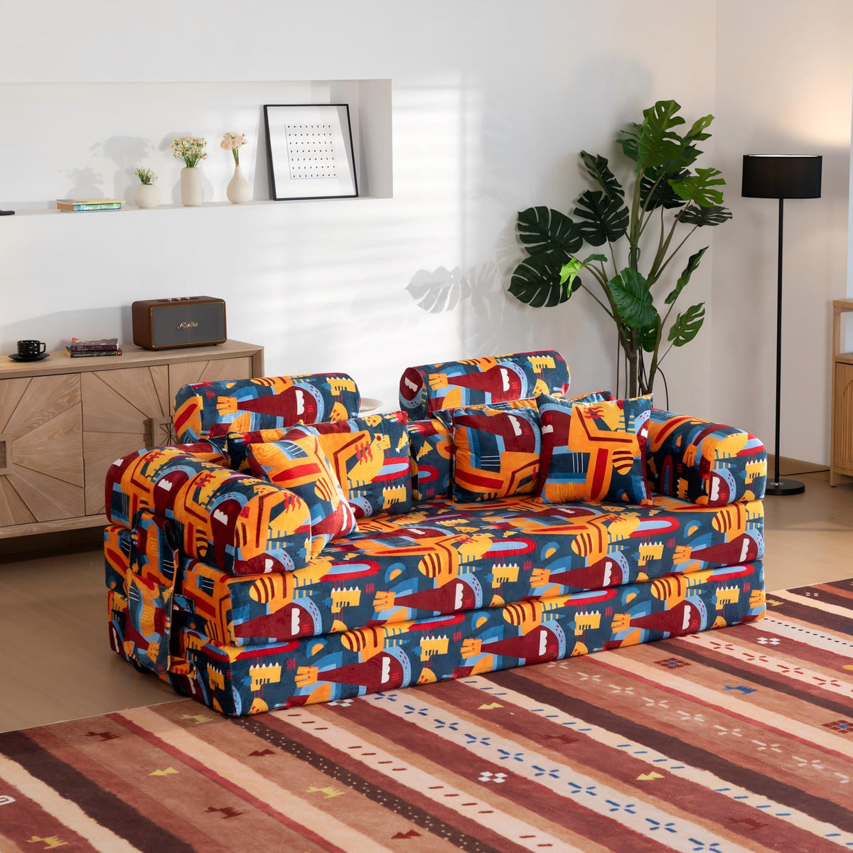 Convertible Sleeper Sofa Bed, Foldable Multi Functional Couch For Living Room - Navy / Red Home Essentials