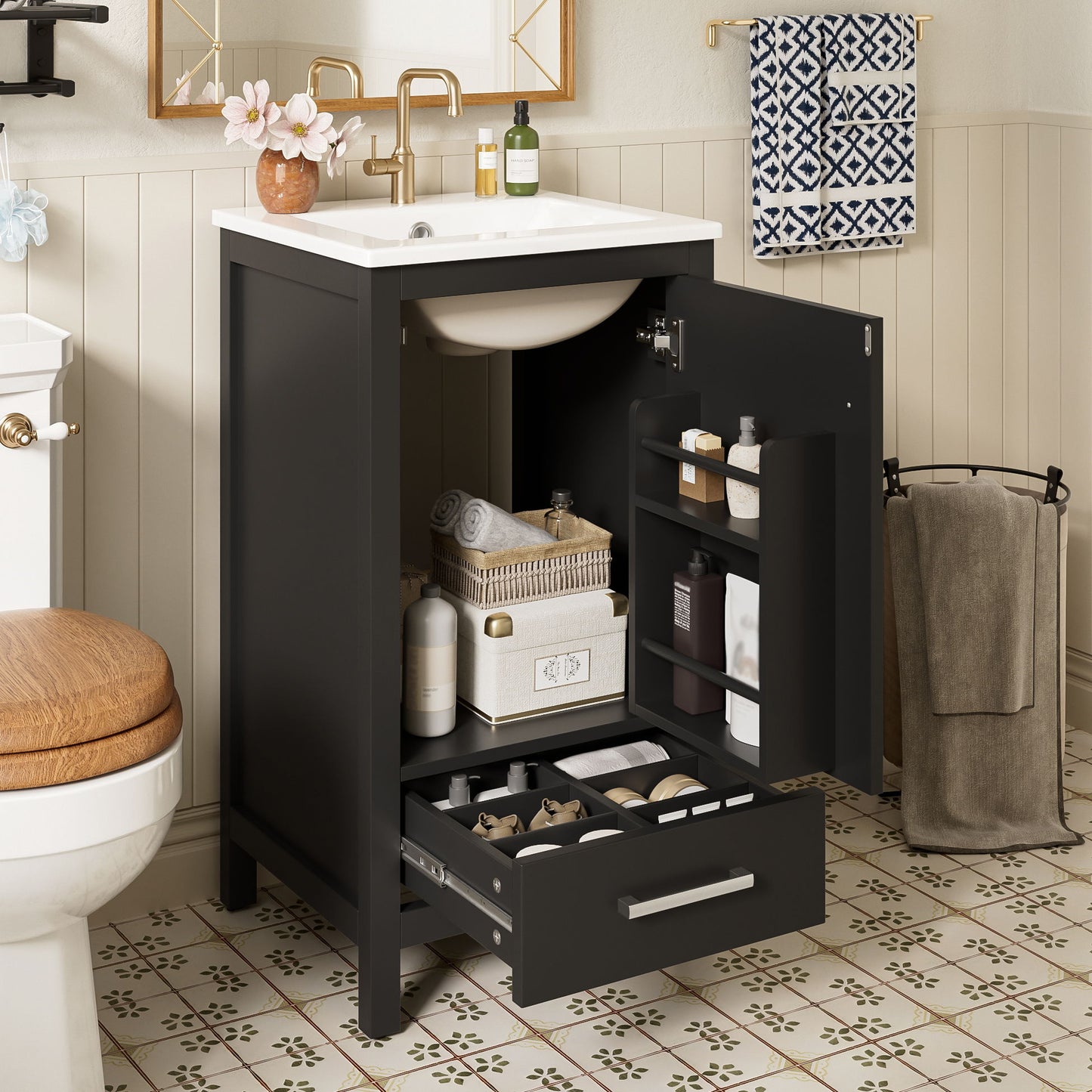 Bathroom Vanity With Ceramic Sink, Soft Close Drawers, Door Organizer, Divider Drawer, Adjustable Foot Pads Hearth and Haven