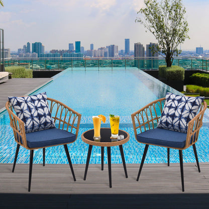 3 Piece Patio Bistro Set With Side Table, Outdoor PE Rattan Conversation Chair Set, Furniture Of Coffee Table With Glass Top, Cushions & Lumbar Pillows For Garden, Backyard, Balcony Or Poolside - Boho Blue