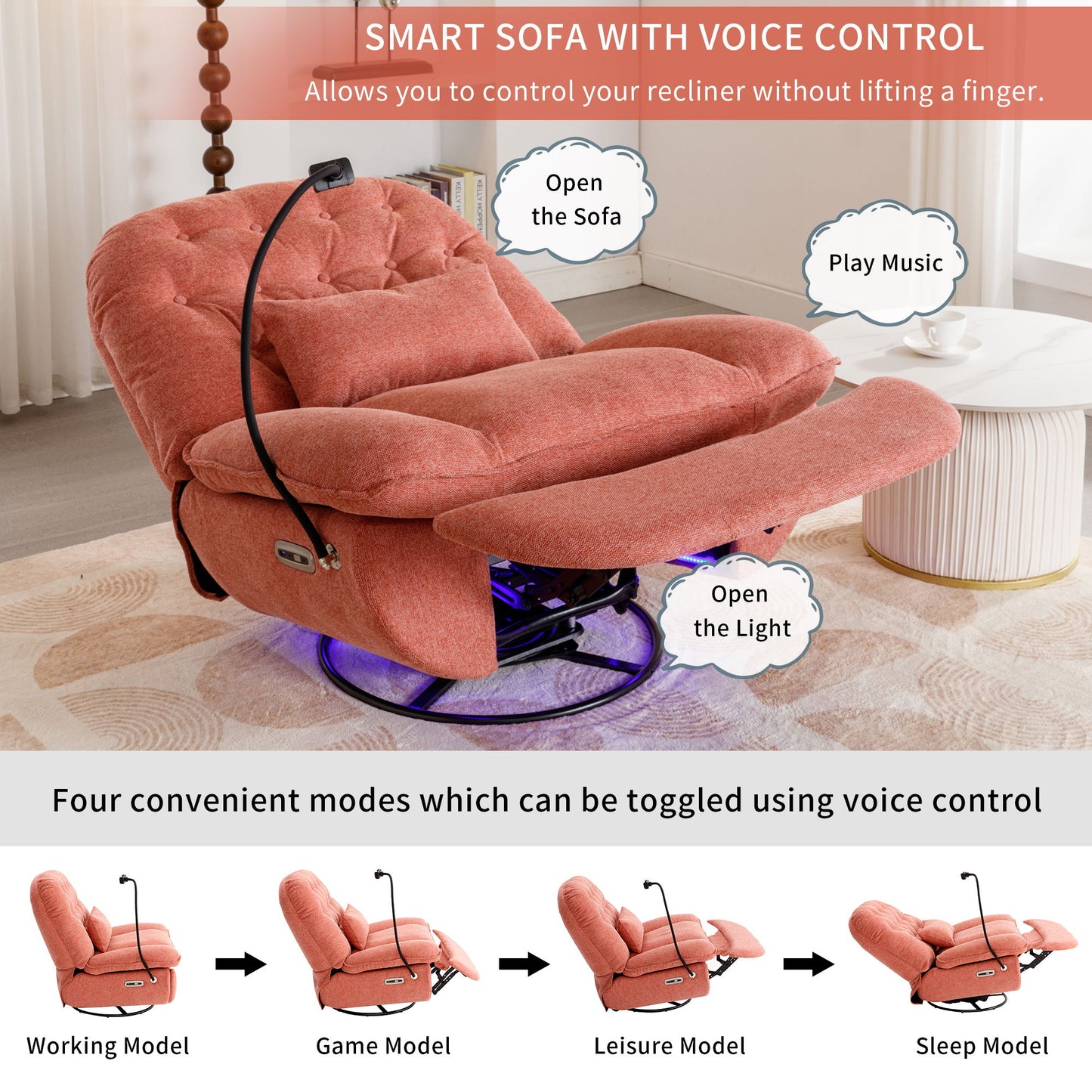 270° Swivel Power Recliner With Voice Control - Bluetooth Music Player, USB Ports, Atmosphere Lamp, Hidden Arm Storage And Mobile Phone Holder For Living Room, Bedroom, Apartment